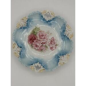 RS Prussia Antique Blue Cake Plate Pink Roses 1910
